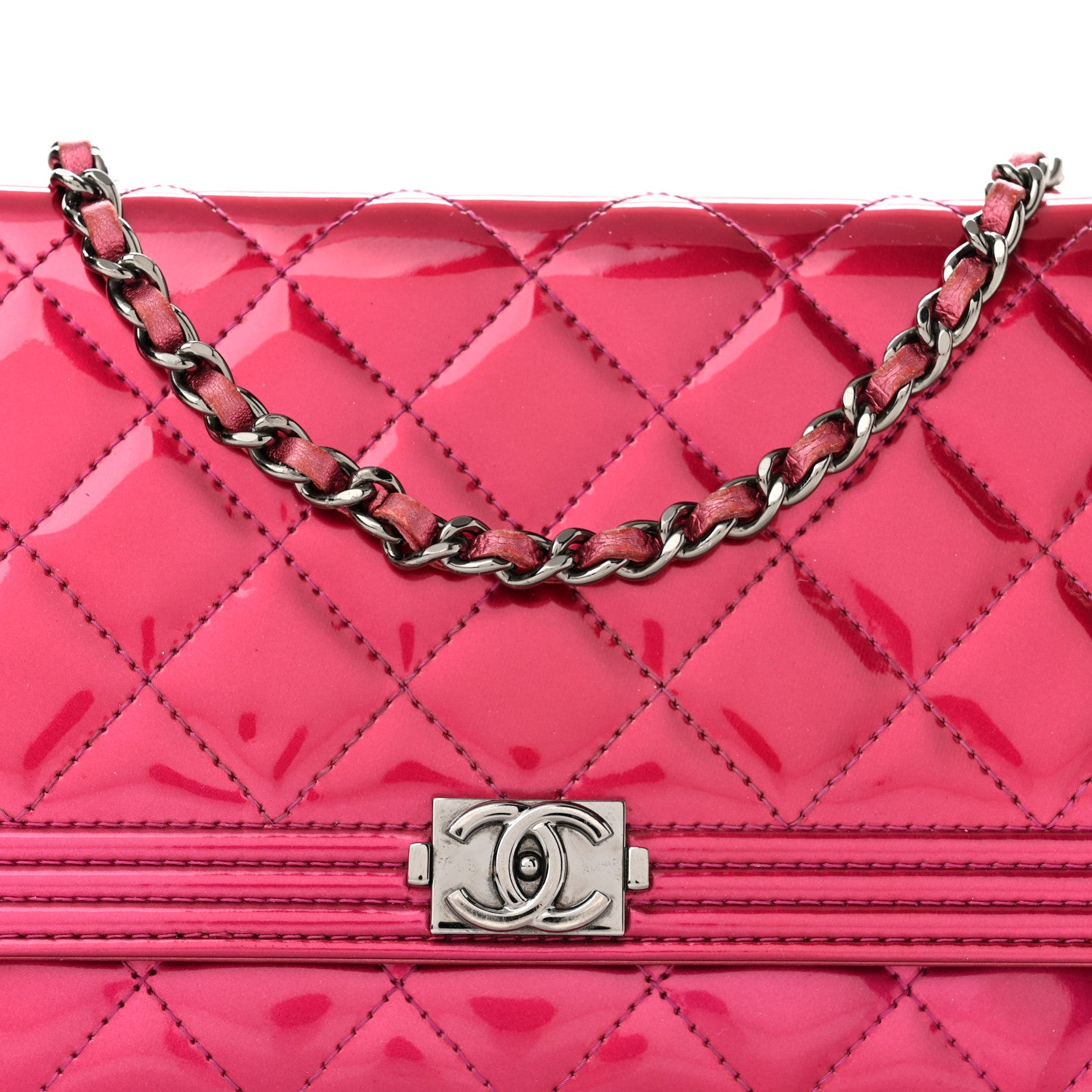 Chanel Metallic Patent Calfskin Quilted Boy Wallet On Chain WOC Fuchsia 8 of 11