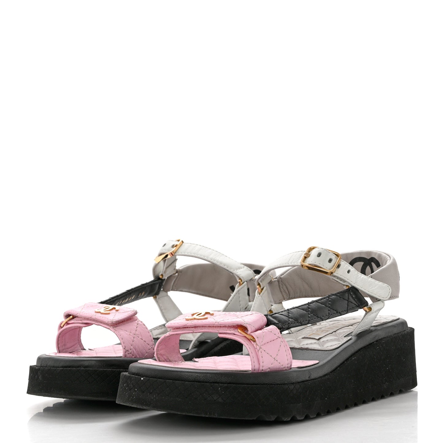 Lambskin Quilted CC Logo Platform Sandals 39 Black White Pink