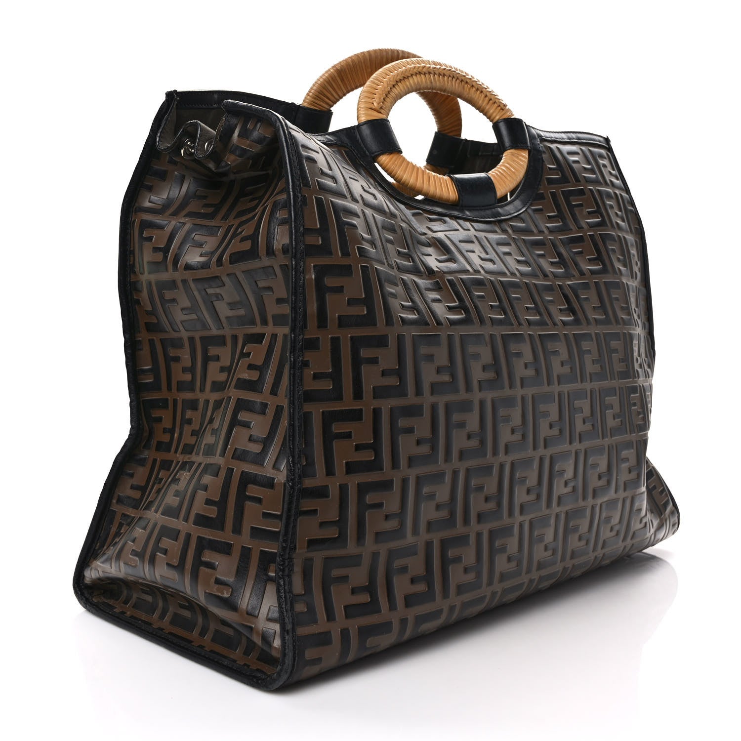 Fendi Vitello Century Wicker Bi-Color FF 1974 Embossed Large Runaway Shopper Tote Maya Black 3 of 12