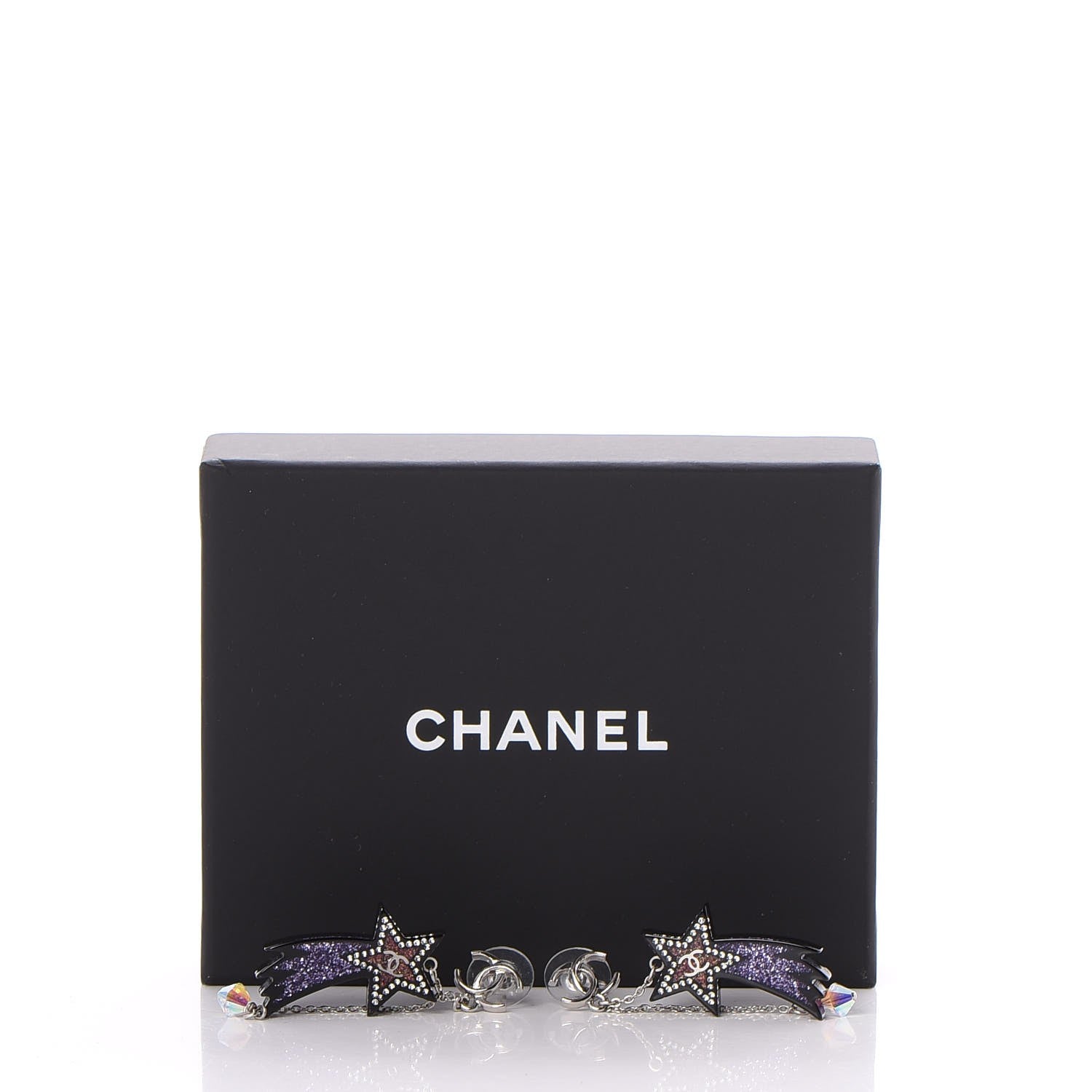 Chanel Resin Crystal CC Shooting Star Dangle Earrings Silver Purple 4 of 4