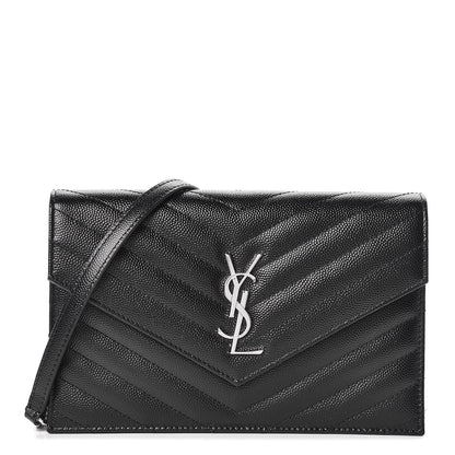 Saint Laurent Grain De Poudre Matelasse Chevron Monogram Envelope Chain Wallet Black 1 of 10