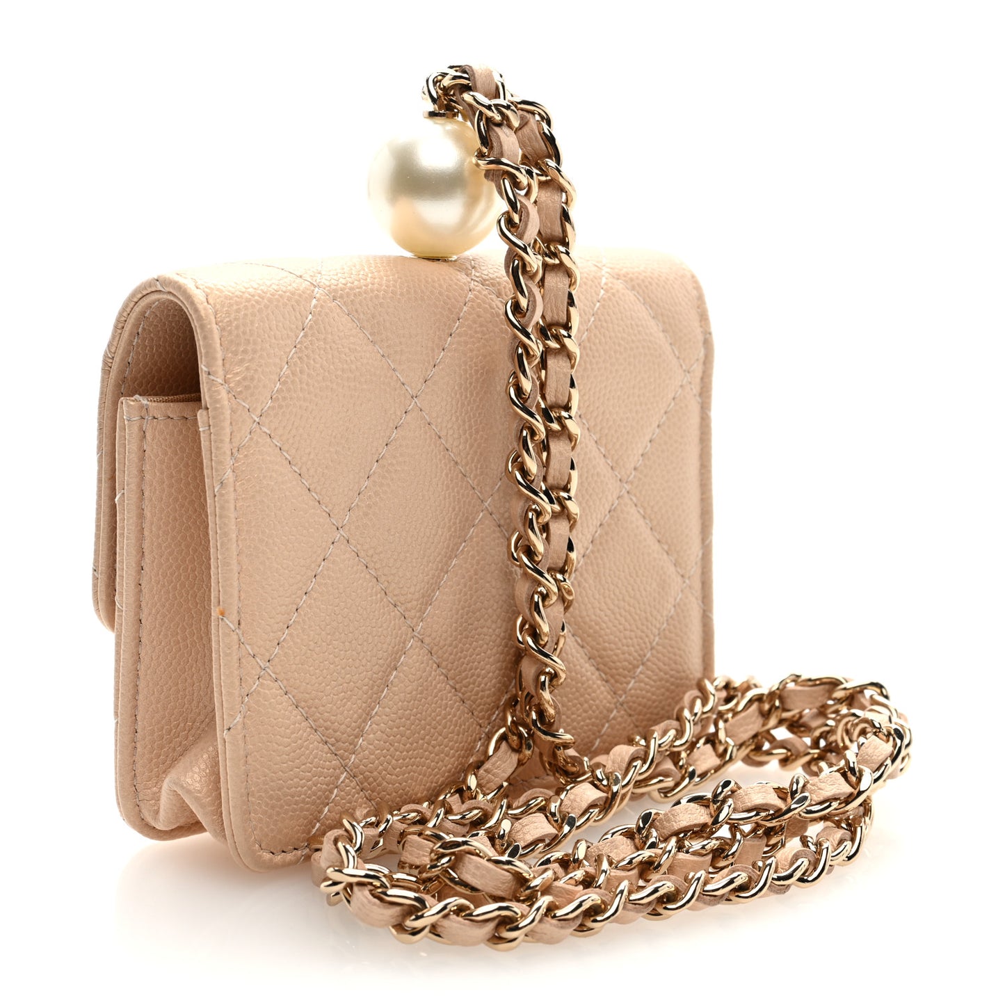 Iridescent Caviar Quilted Pearl Card Holder On Chain Beige