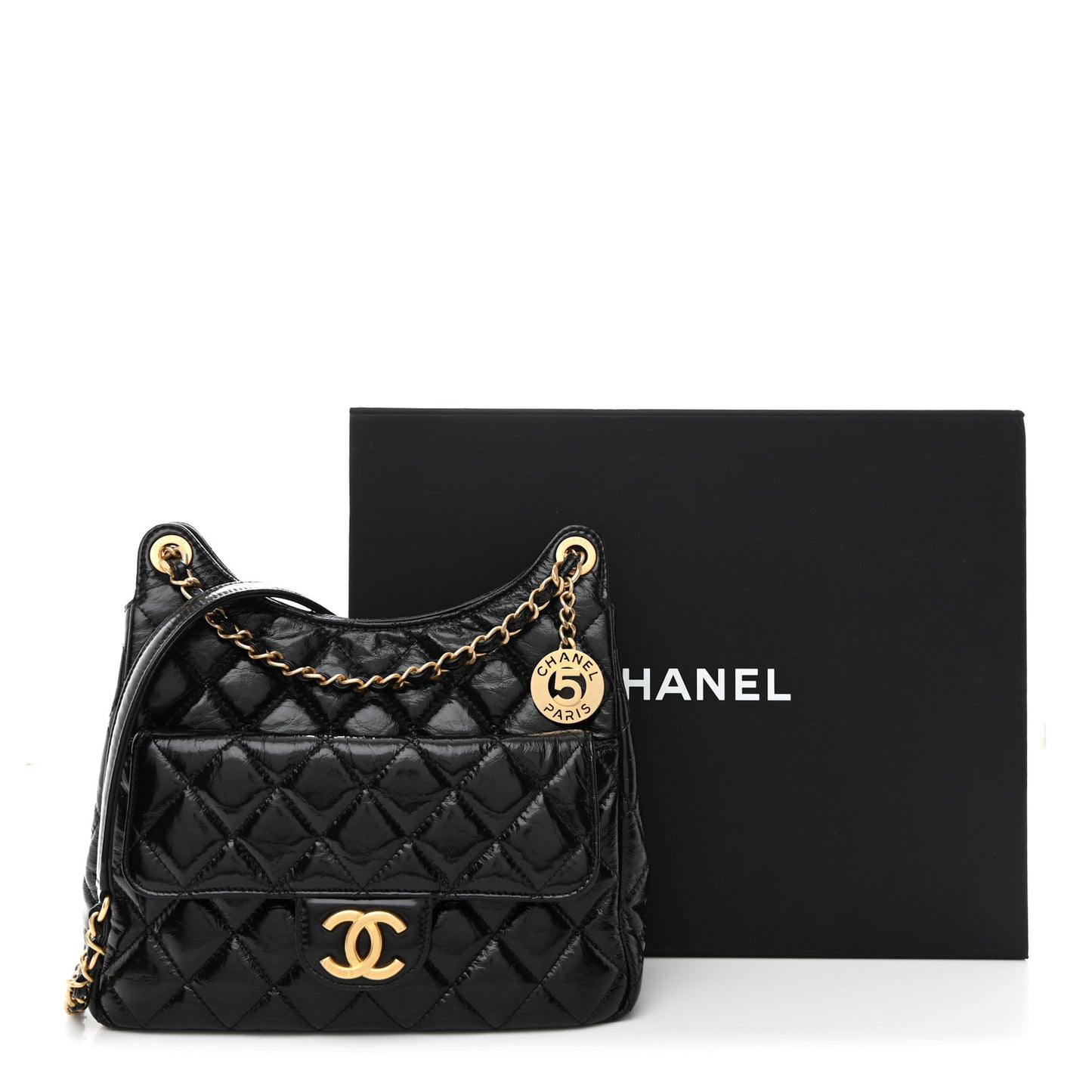 Shiny Crumpled Calfskin Quilted Wavy CC Hobo Black