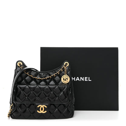 Chanel Shiny Crumpled Calfskin Quilted Wavy CC Hobo Black 11 of 11