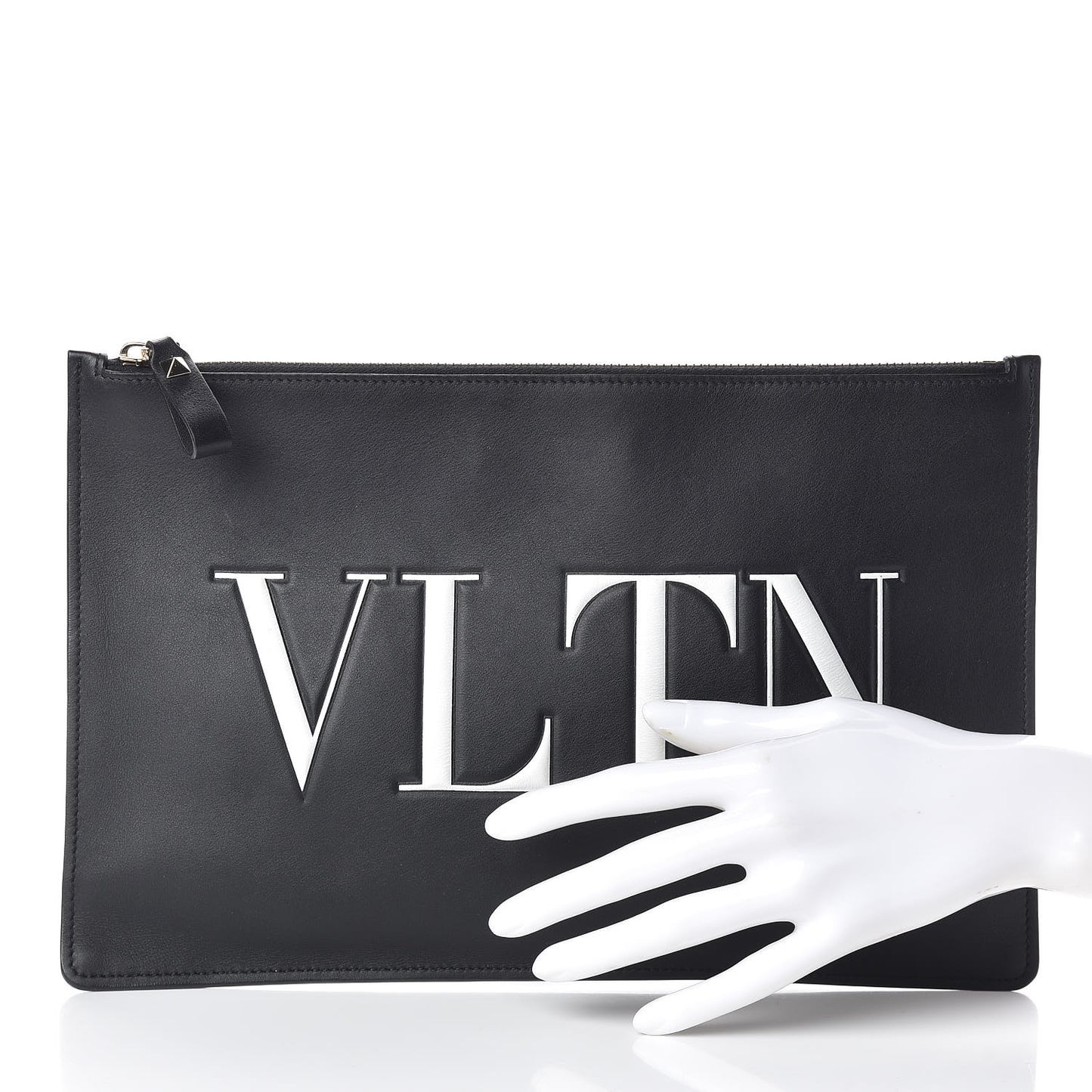 Calfskin VLTN Large Flat Zip Pouch Black