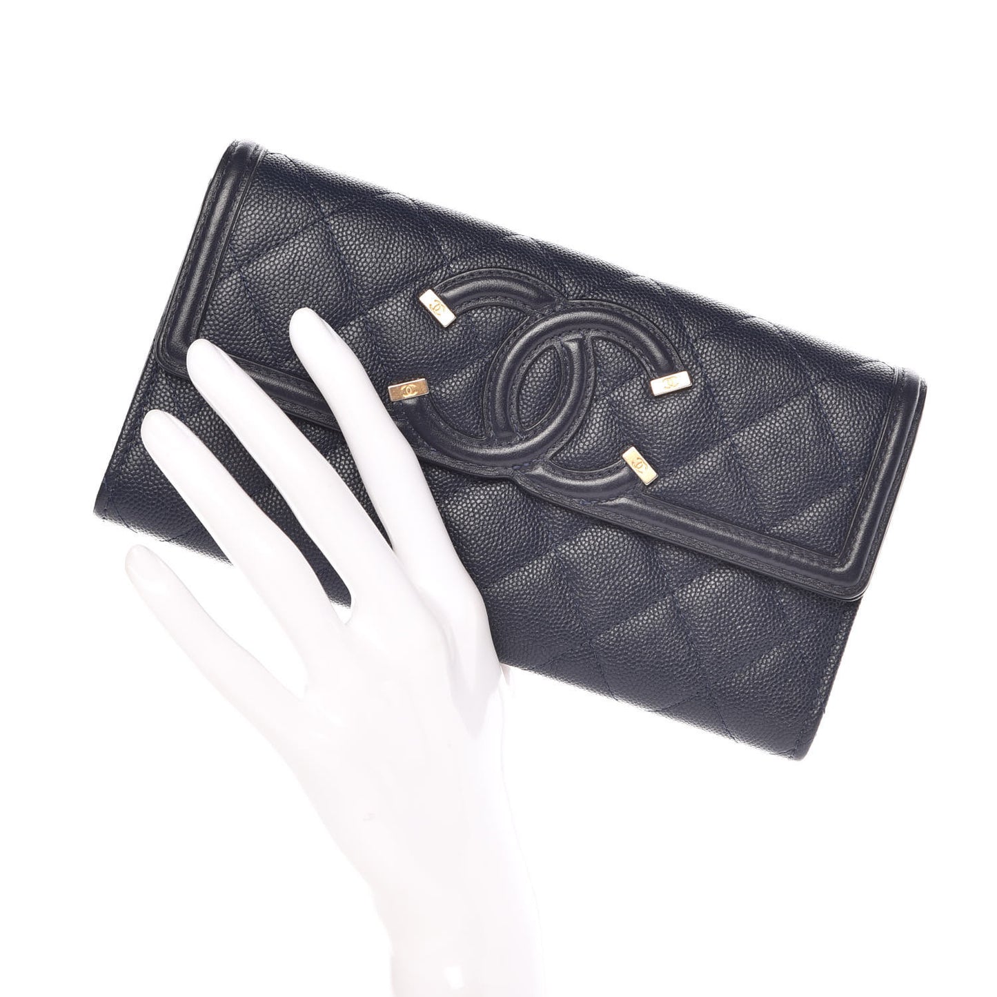 Caviar Quilted Filigree Flap Wallet Navy