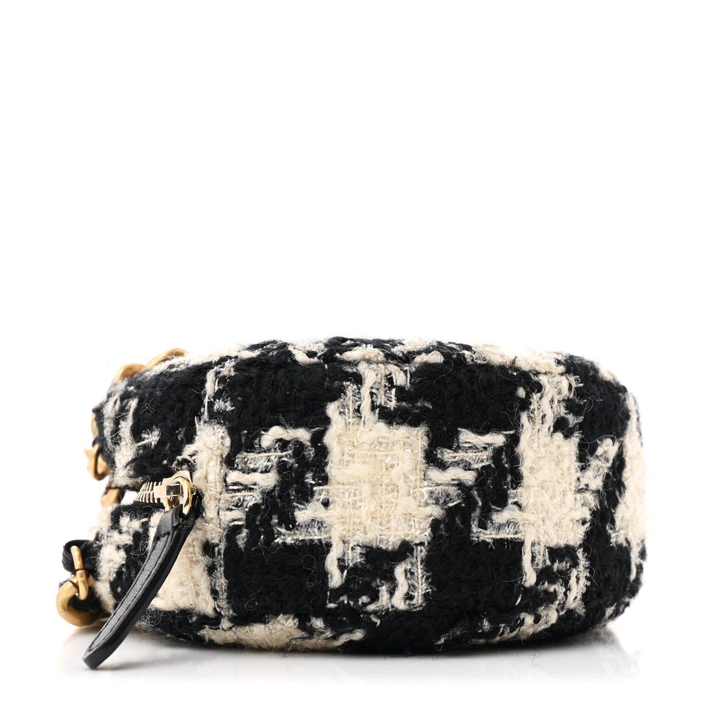 Wool Tweed Lambskin Quilted Chanel 19 Round Clutch With Chain and Coin Purse Black White