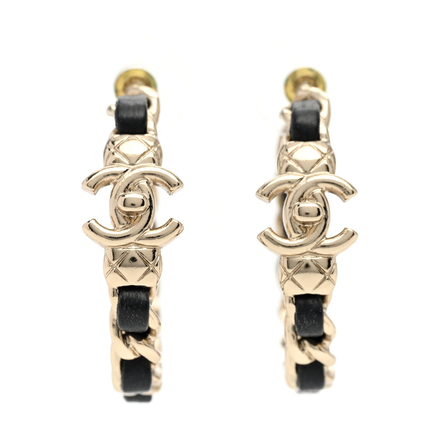 Metal Lambskin Quilted CC Turnlock Chain Hoop Earrings Gold Black