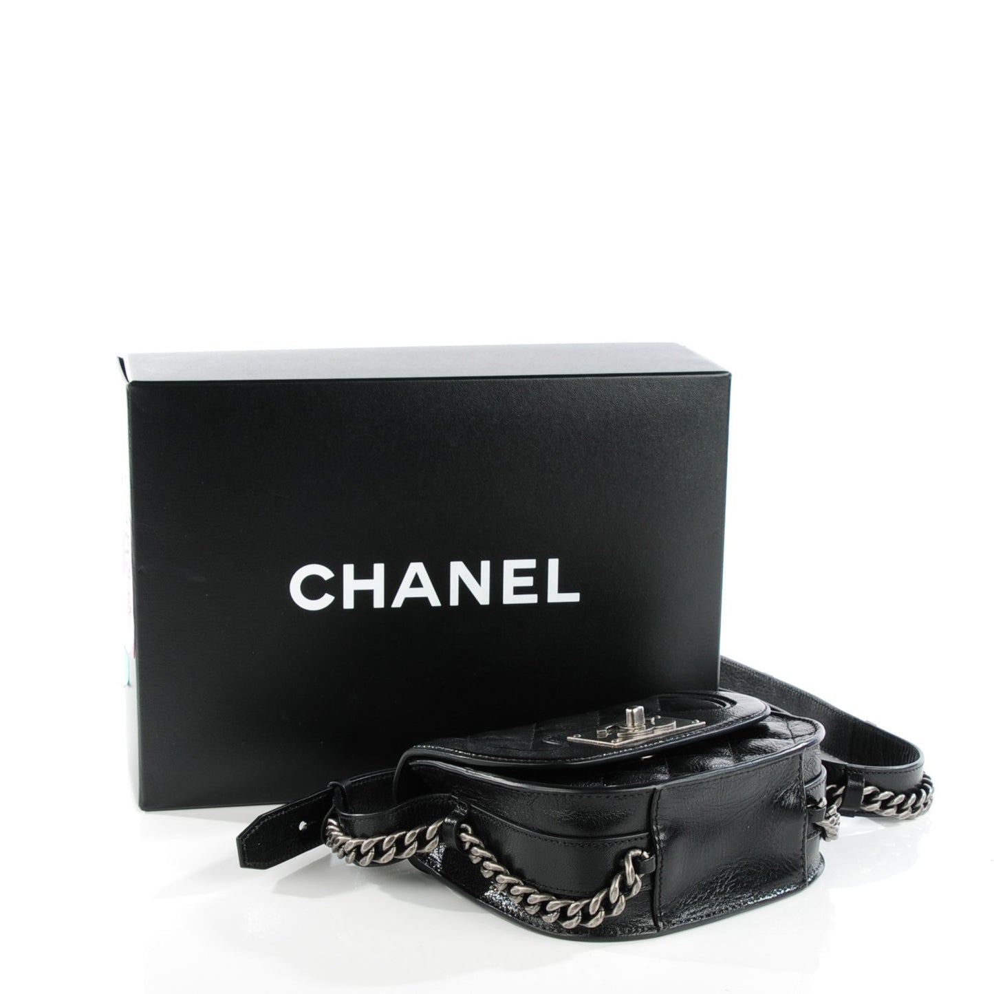 Shiny Goatskin Quilted Small Double Chained Messenger Flap Black