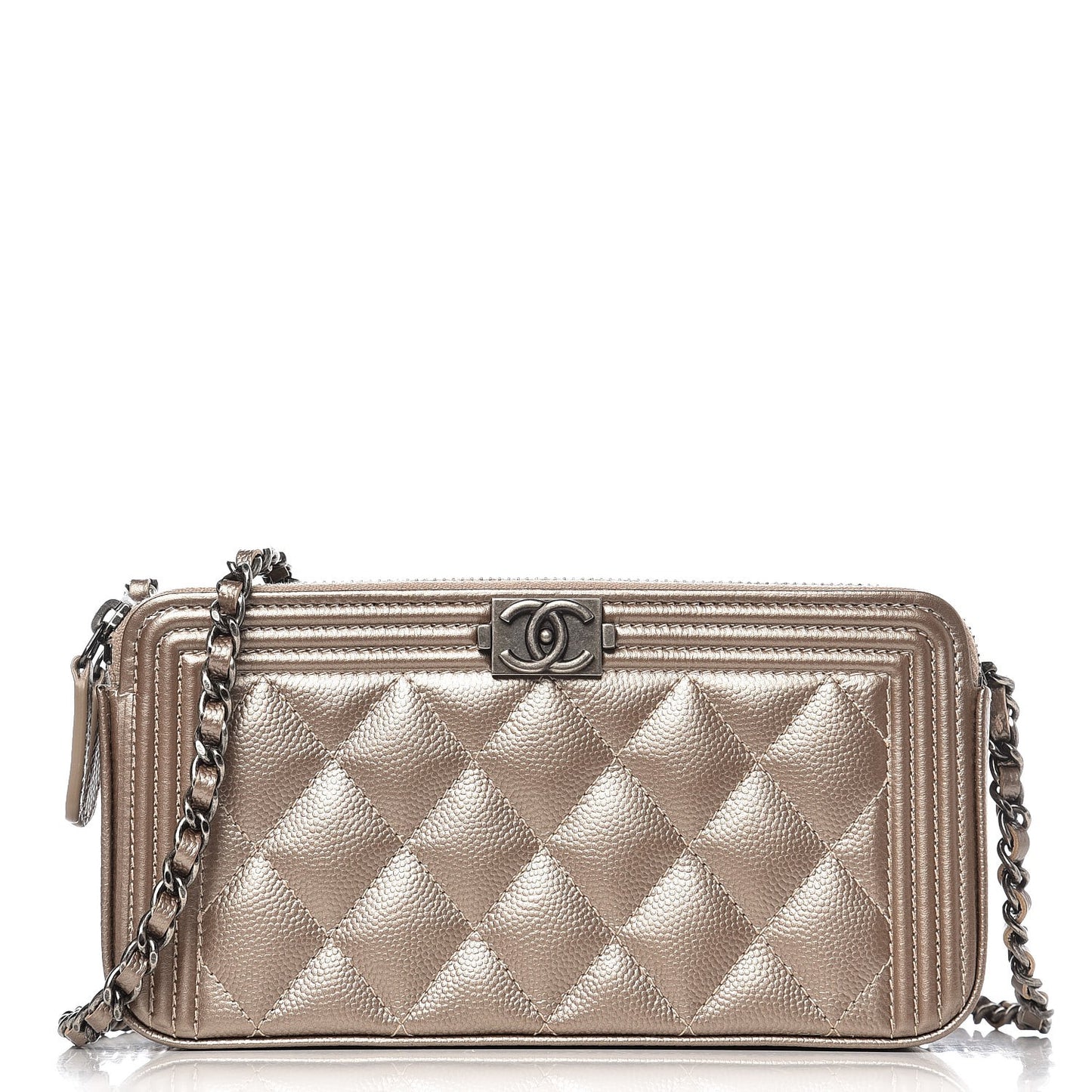 Metallic Caviar Quilted Small Boy Clutch With Chain Copper