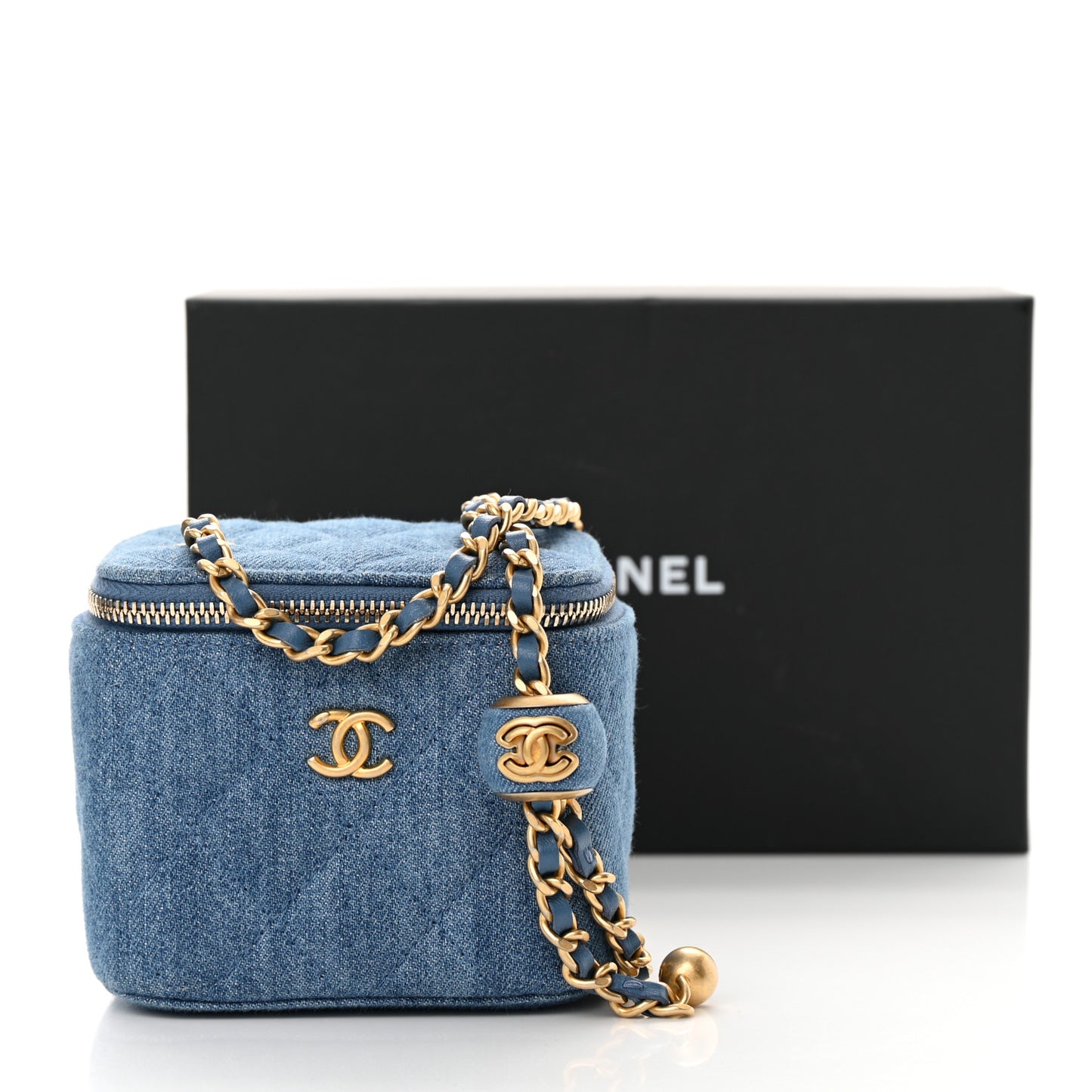 Denim Quilted Mini Pearl Crush Vanity Case With Chain