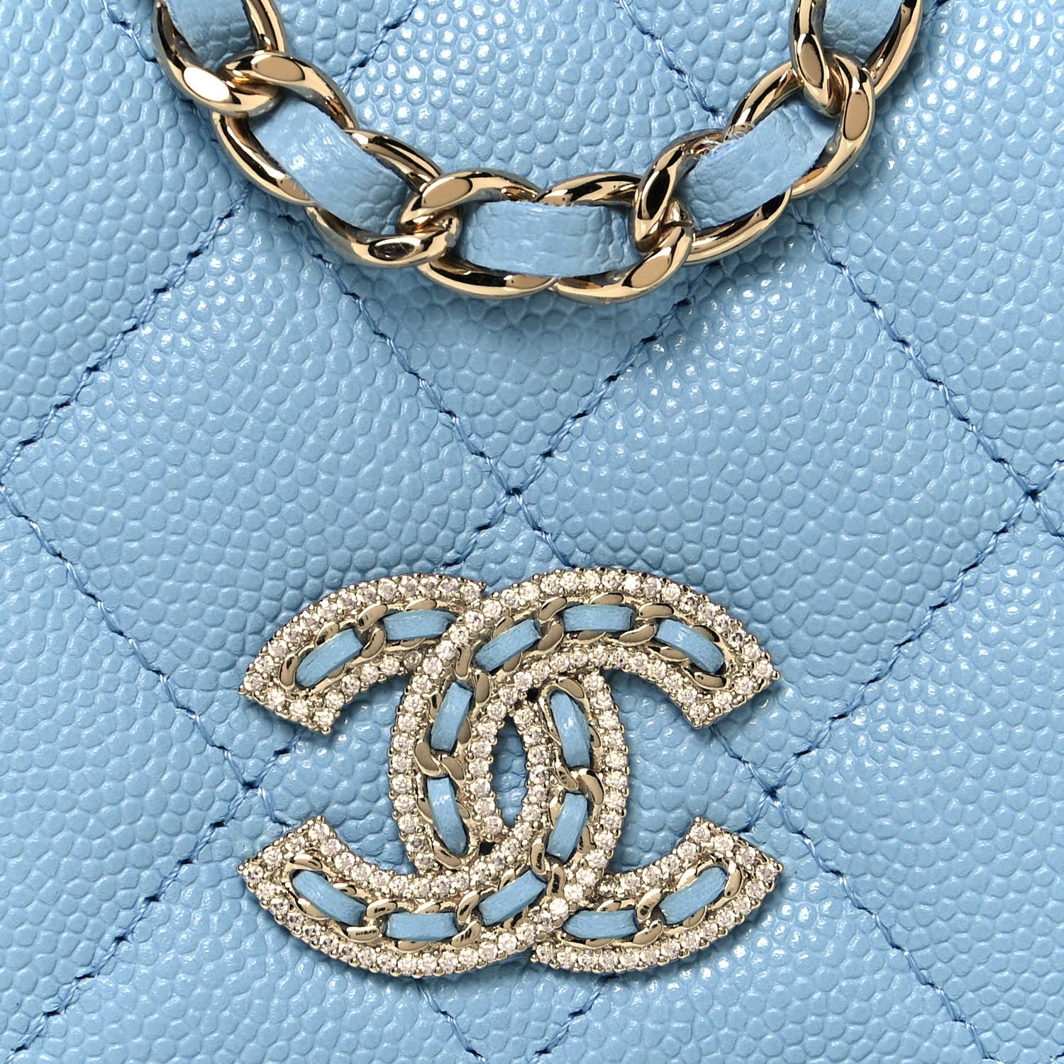 Chanel Caviar Quilted Crystal CC Airpods Pro and Phone Case With Chain Light Blue 8 of 17