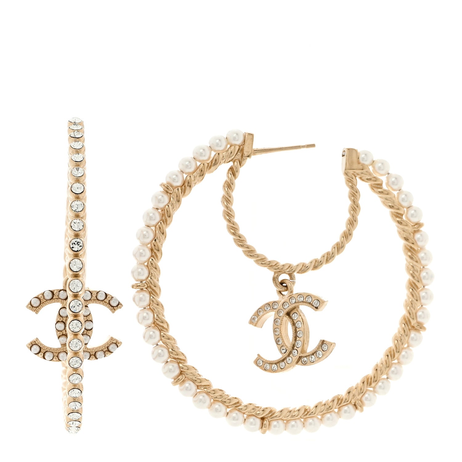 Chanel Crystal Pearl CC Drop Hoop Earrings Gold Pearly White 1 of 5