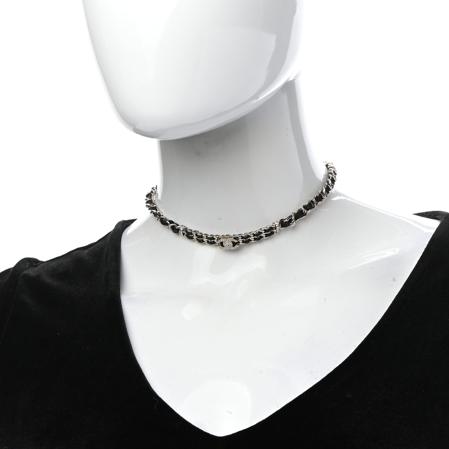 Metal Lambskin Crystal CC Choker Necklace Black Gold