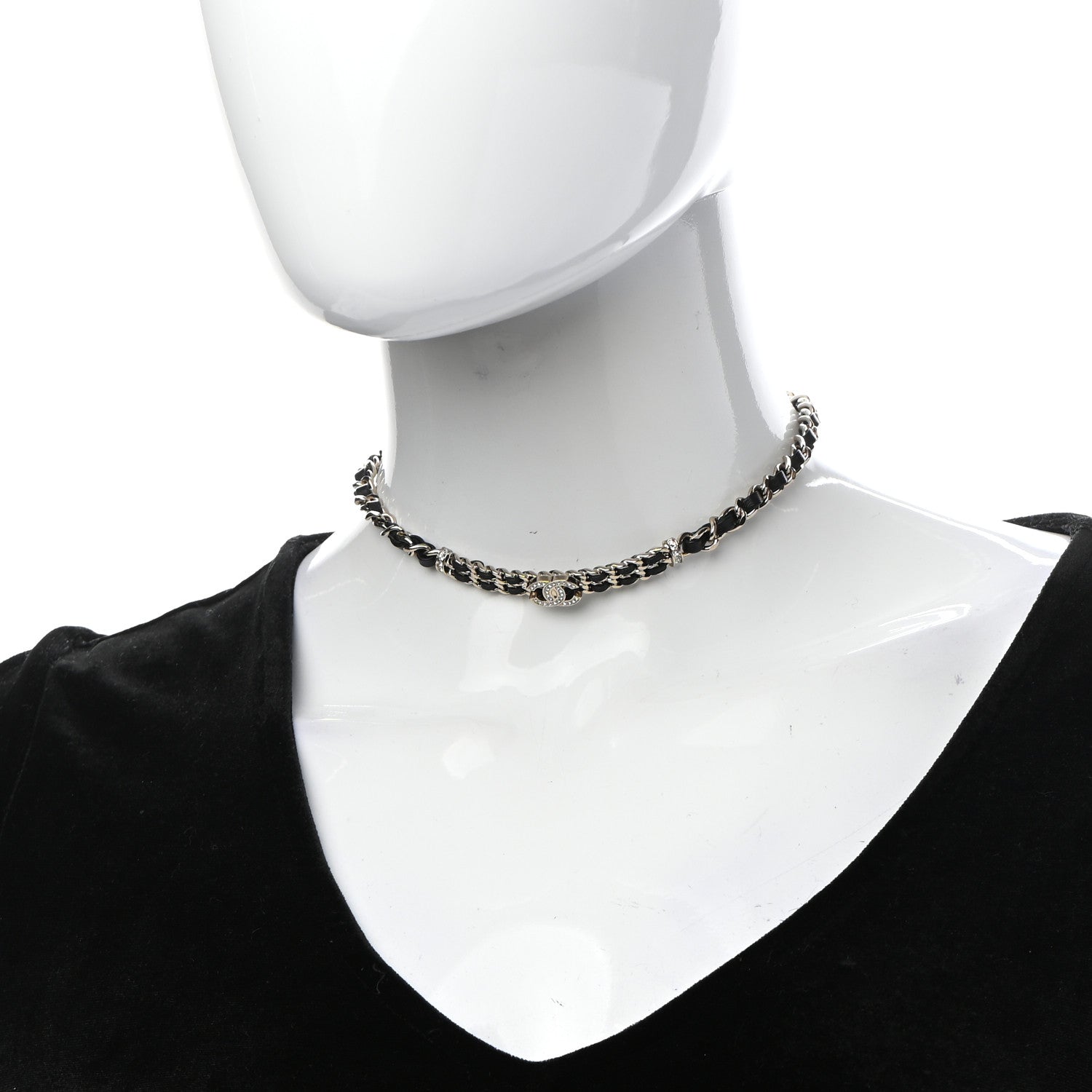 Chanel Metal Lambskin Crystal CC Choker Necklace Black Gold 2 of 5