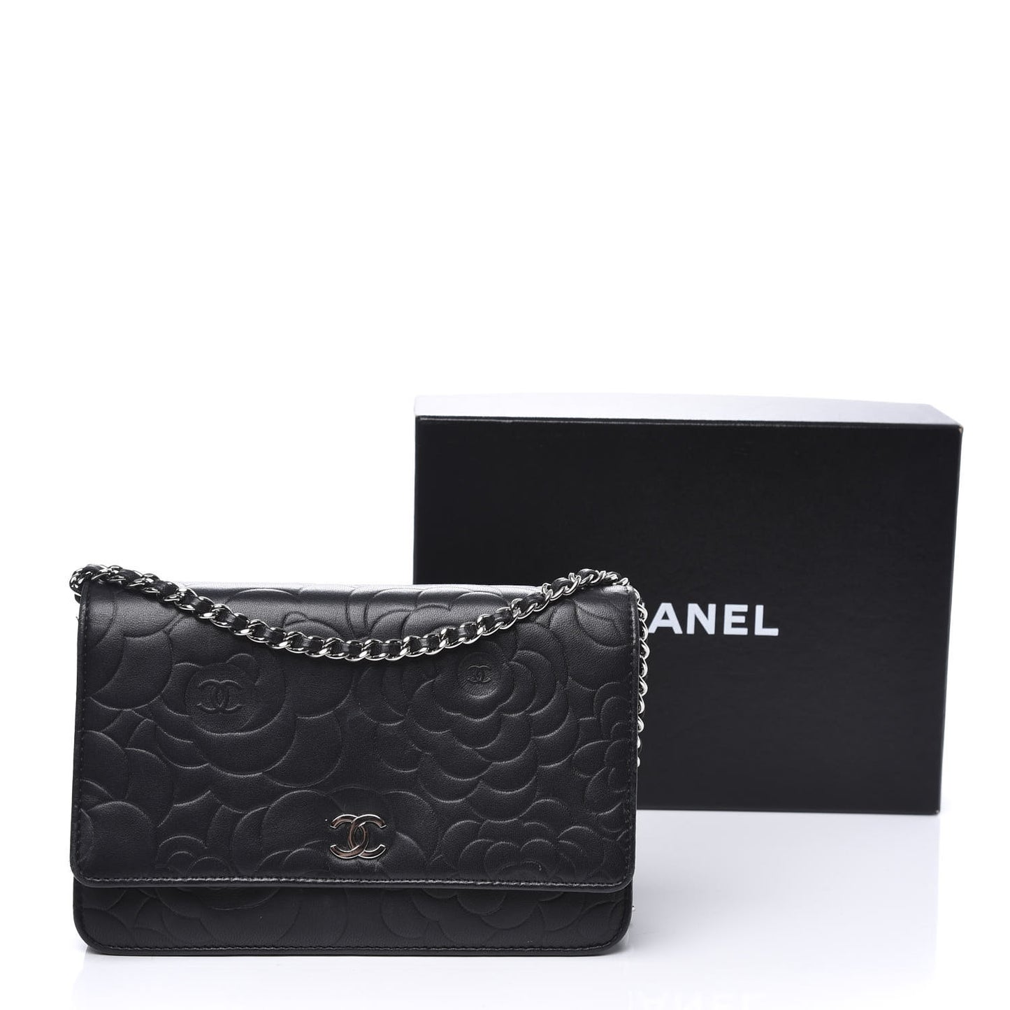 Lambskin Camellia Embossed Wallet on Chain WOC Black