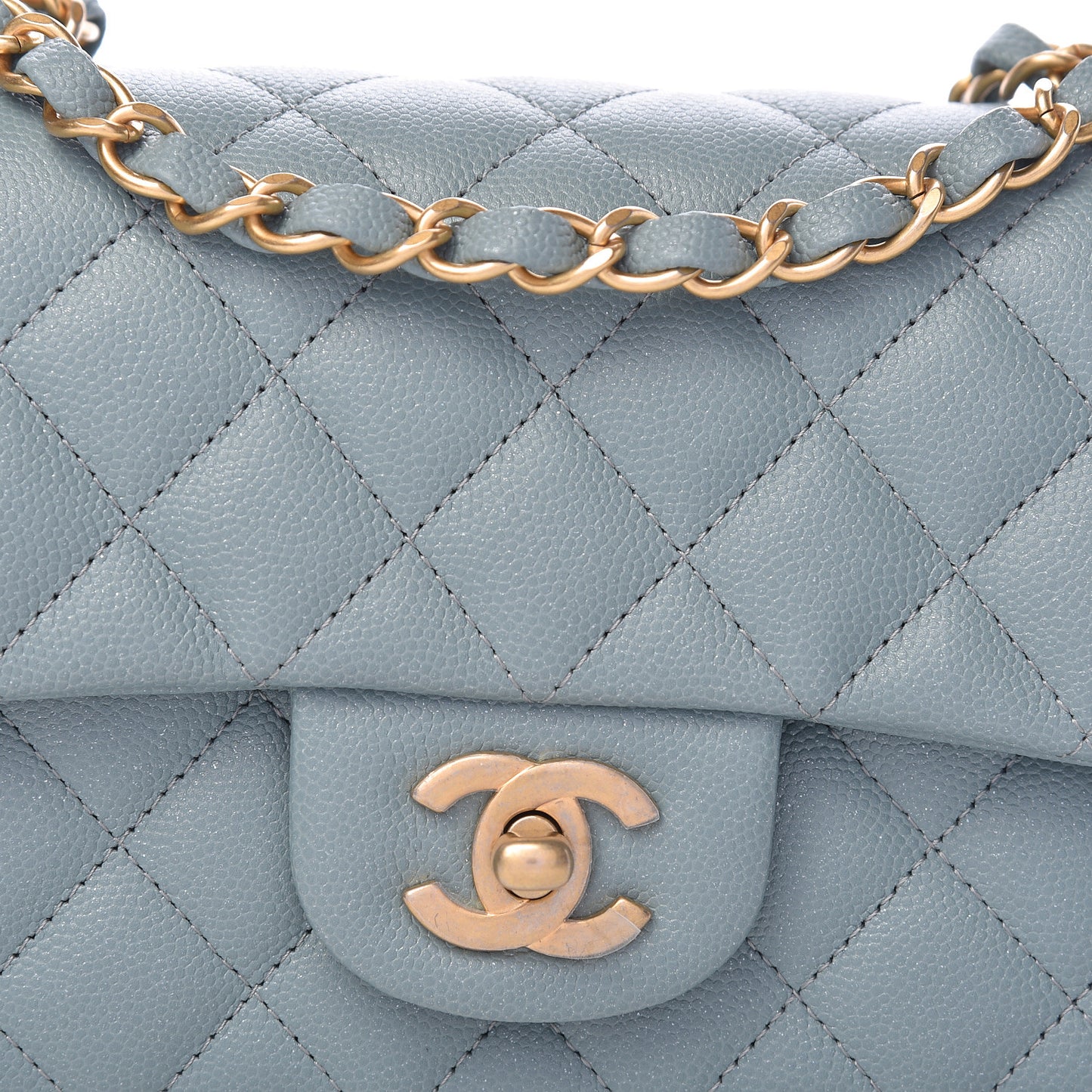 Iridescent Caviar Quilted Mini Rectangular Flap Light Blue
