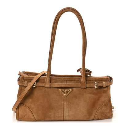 Prada Suede Triangle Medium Bonnie Shoulder Bag Cacao 1 of 9