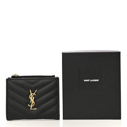 Saint Laurent Grain De Poudre Matelasse Chevron Monogram Zipped Card Case Black 10 of 10