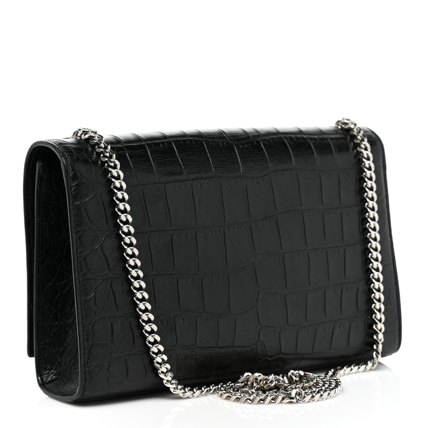 Calfskin Crocodile Embossed Medium Classic Monogram Kate Tassel Satchel Black