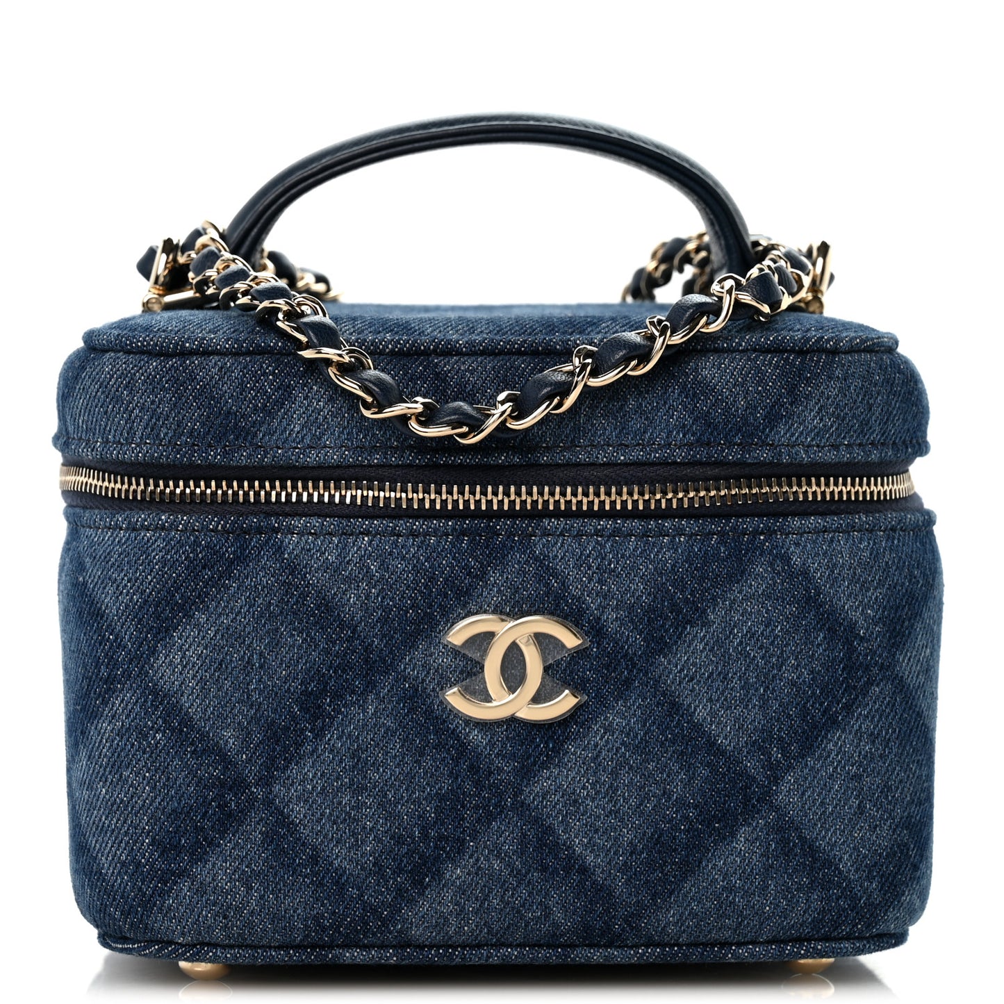 Printed Denim Quilted Mini Top Handle Vanity Case With Chain Dark Blue