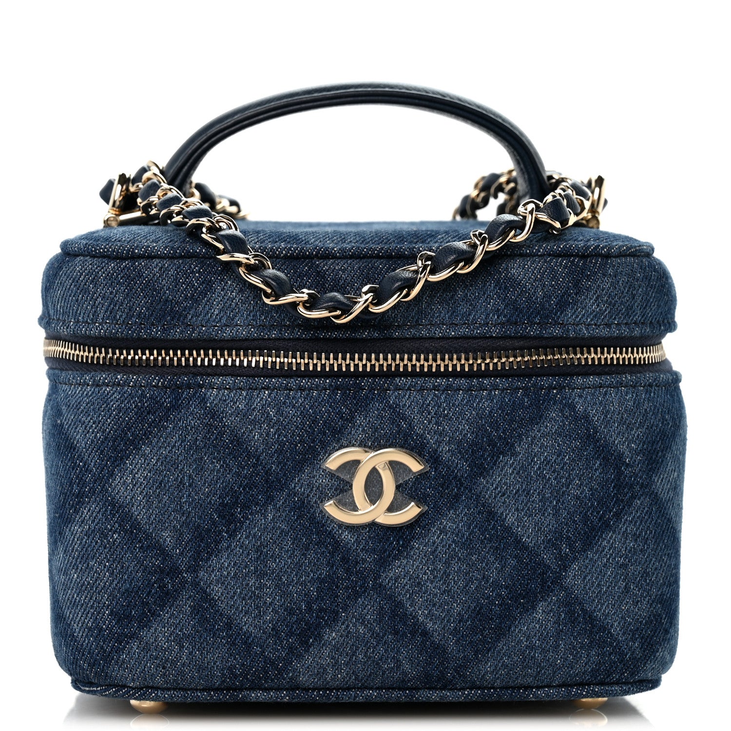 Chanel Printed Denim Quilted Mini Top Handle Vanity Case With Chain Dark Blue 1 of 10