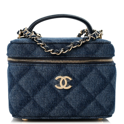 Chanel Printed Denim Quilted Mini Top Handle Vanity Case With Chain Dark Blue 1 of 10