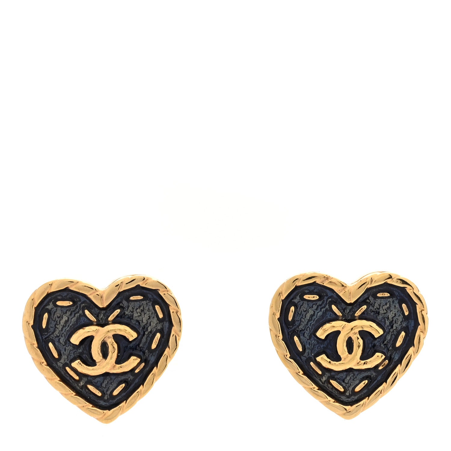 Chanel Metal Enamel CC Denim Heart Earrings Gold Blue 1 of 5