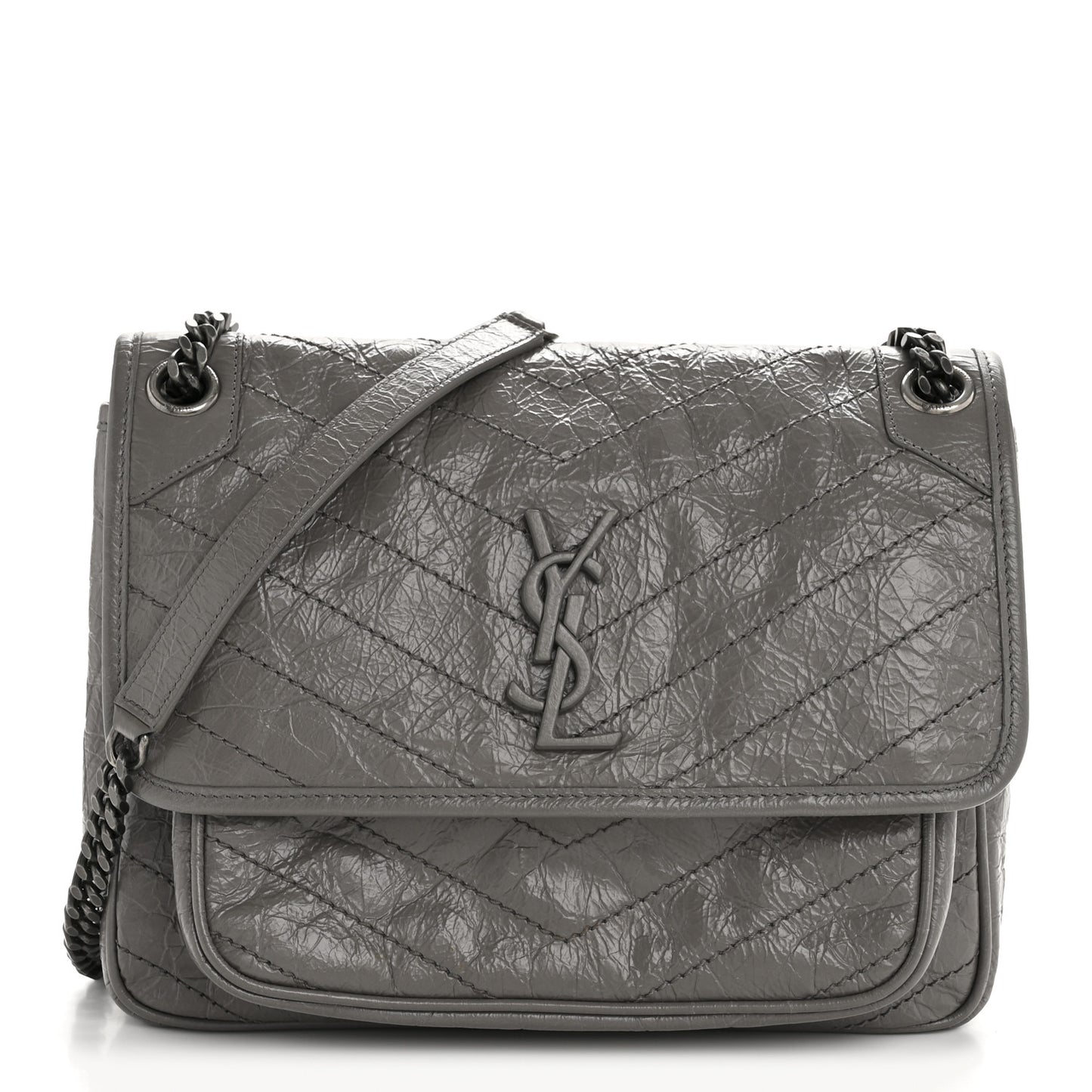 Crinkled Calfskin Matelasse Monogram Medium Niki Chain Satchel Fog