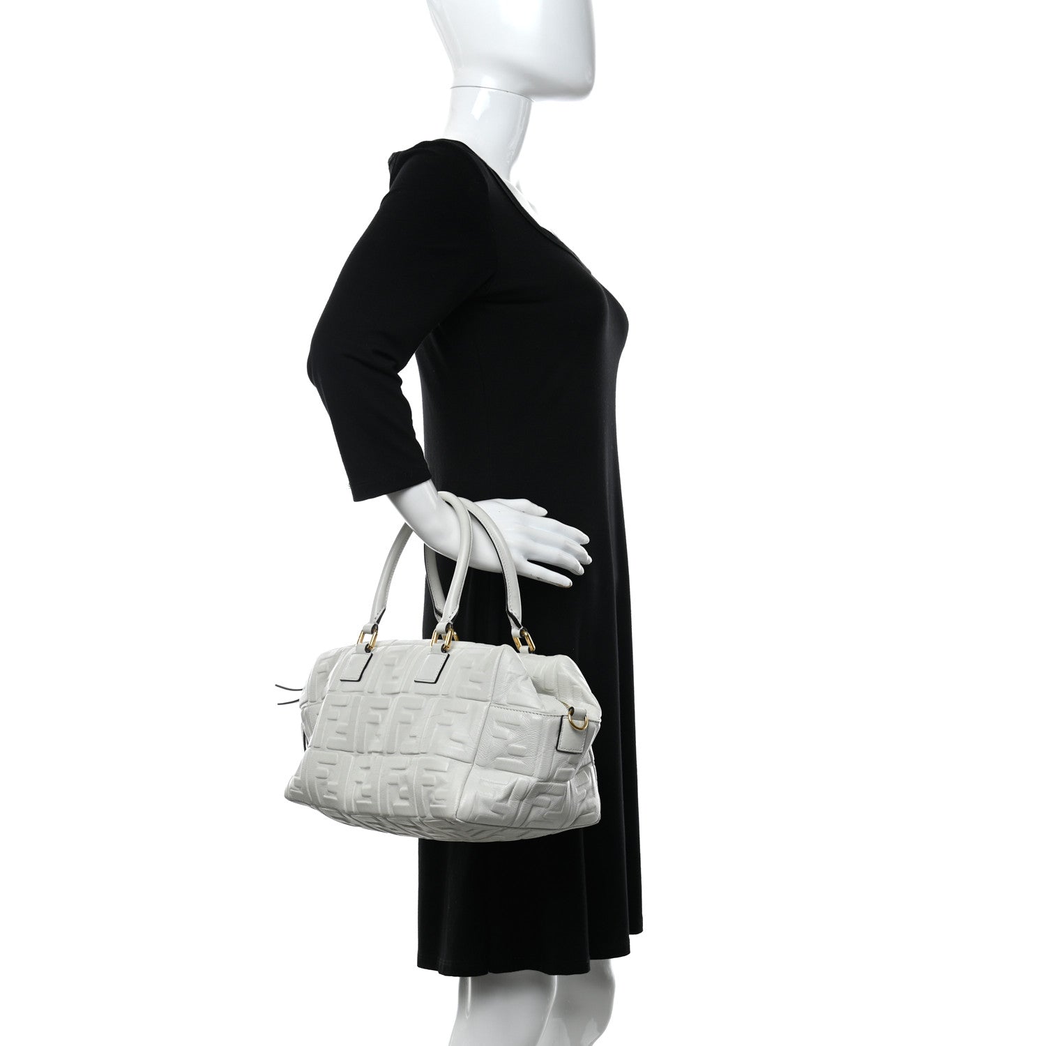 Fendi Nappa FF 1974 Embossed Small Boston White 3 of 19
