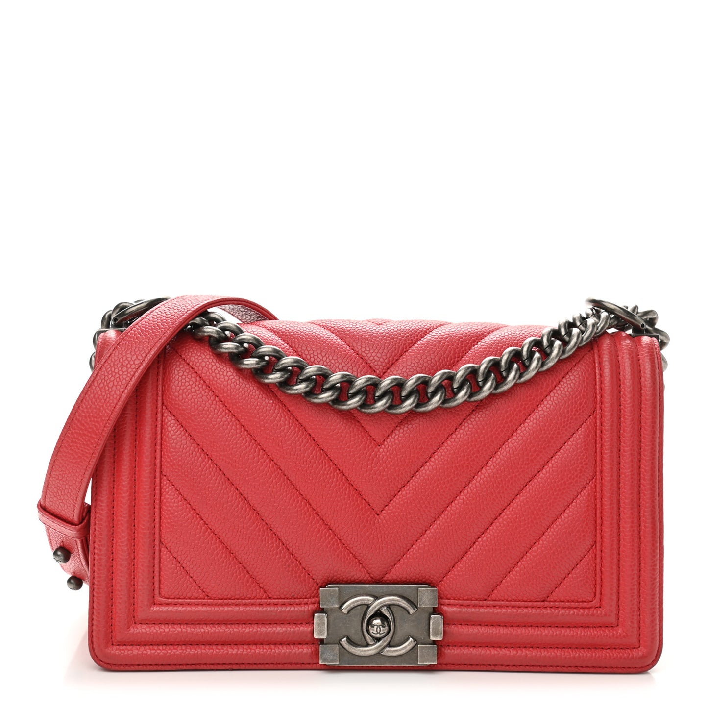 Caviar Chevron Quilted Medium Boy Flap Red