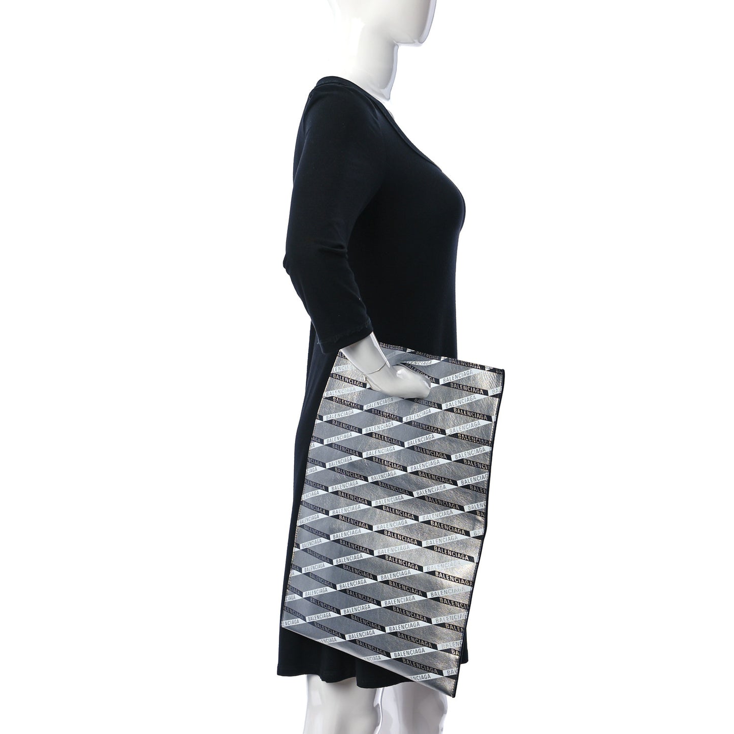 Metallic Calfskin Losange Monogram Plastic Bag Shopper S Silver Black White