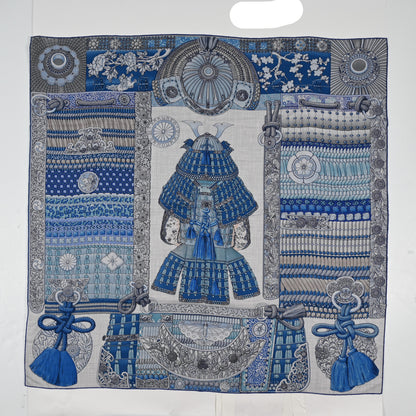 Hermes Cashmere Silk Parures De Samourais Shawl 140 Gris Chine Bleu Gris 1 of 3