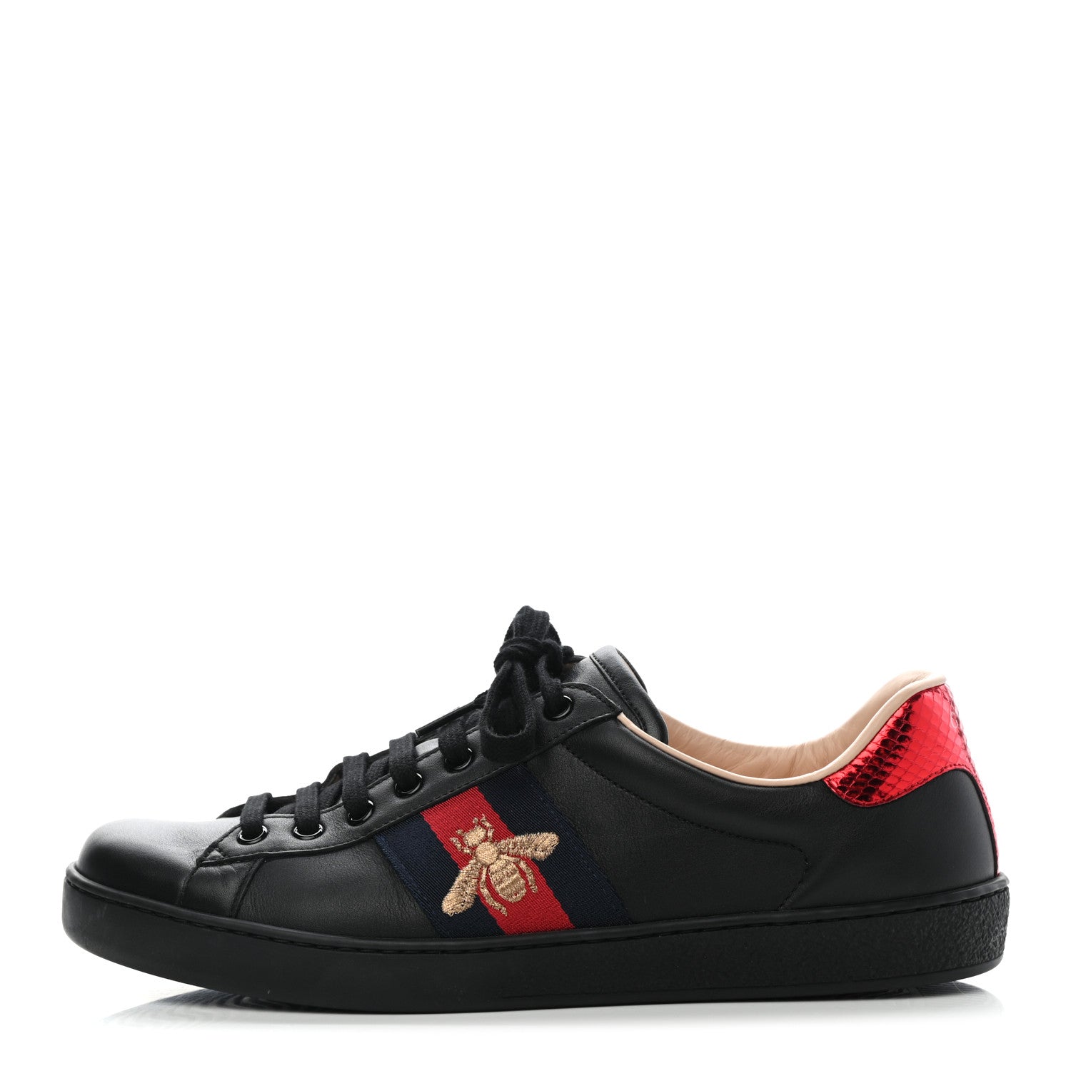 Gucci Miro Soft Calfskin Laminated Ayers Web Bee Embroidered Mens Ace Sneakers 8.5 Black Red Flame Night 1 of 10