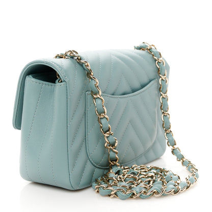 Chanel Lambskin Chevron Quilted Mini Rectangular Flap Light Blue 3 of 12