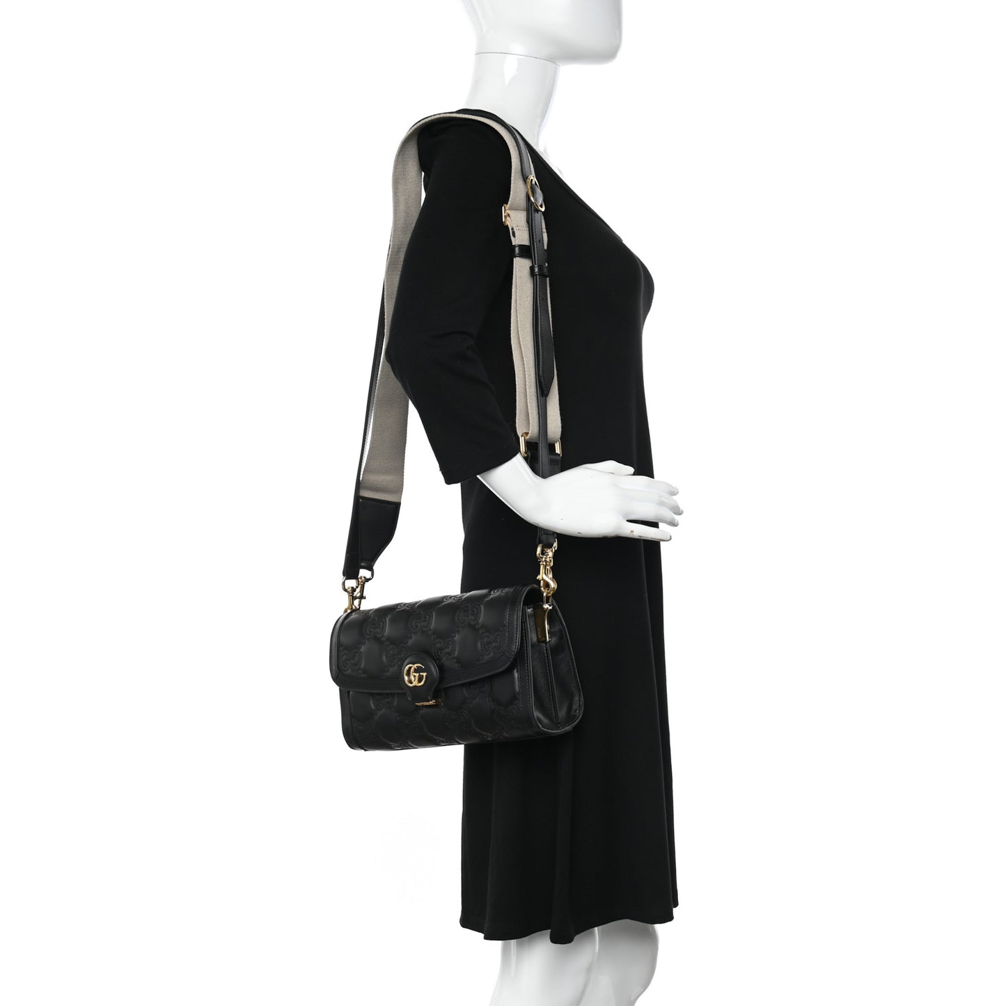 Calfskin GG Matelasse Small Flap Shoulder Bag Black Natural