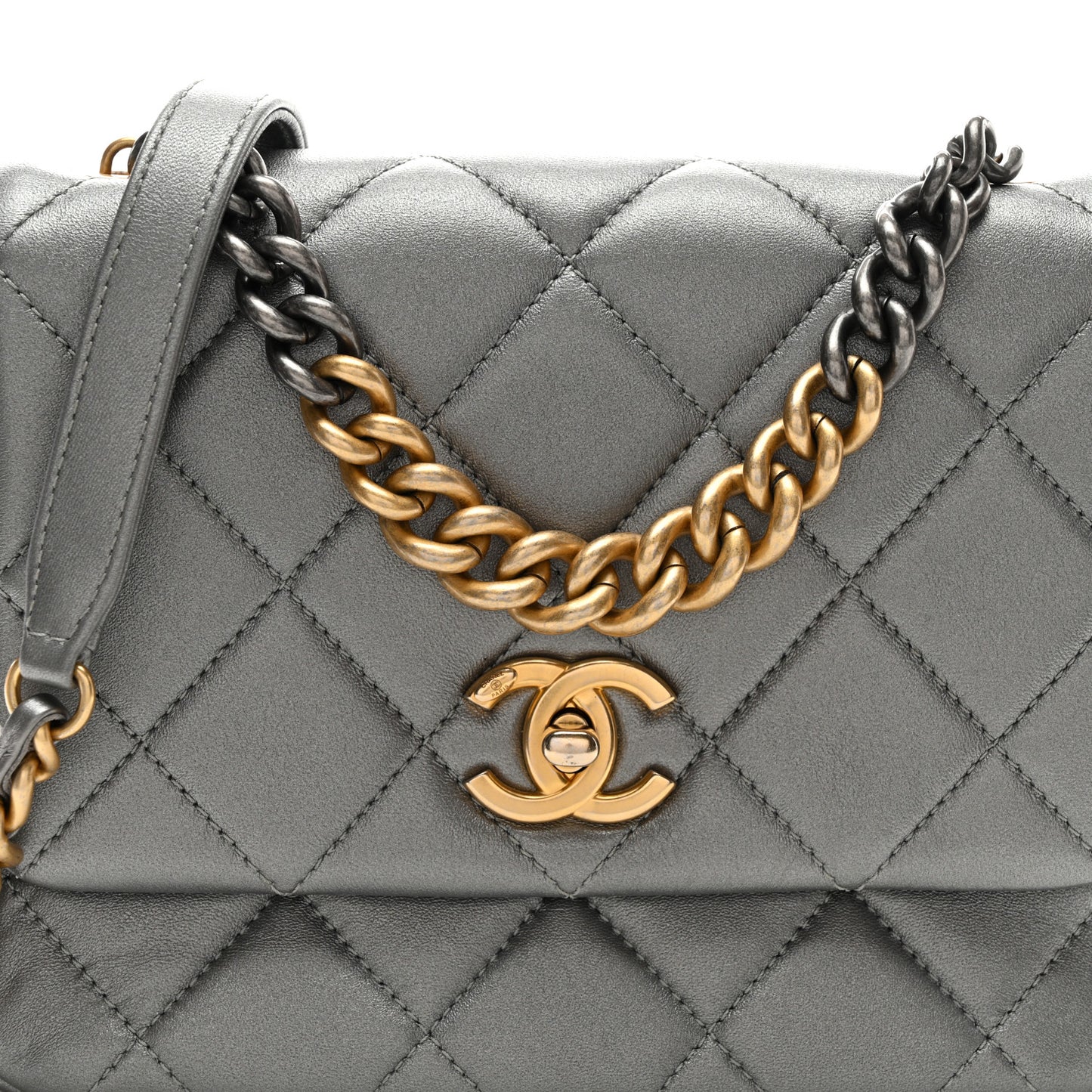 Metallic Lambskin Quilted Small Side Note Flap Grey