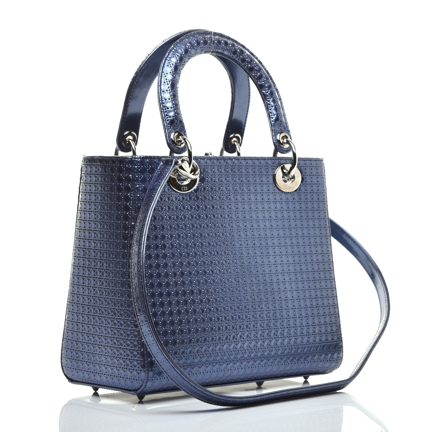 Christian Dior Metallic Patent Micro-Cannage Medium Lady Dior Blue 3 of 9