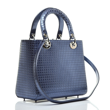 Christian Dior Metallic Patent Micro-Cannage Medium Lady Dior Blue 3 of 9