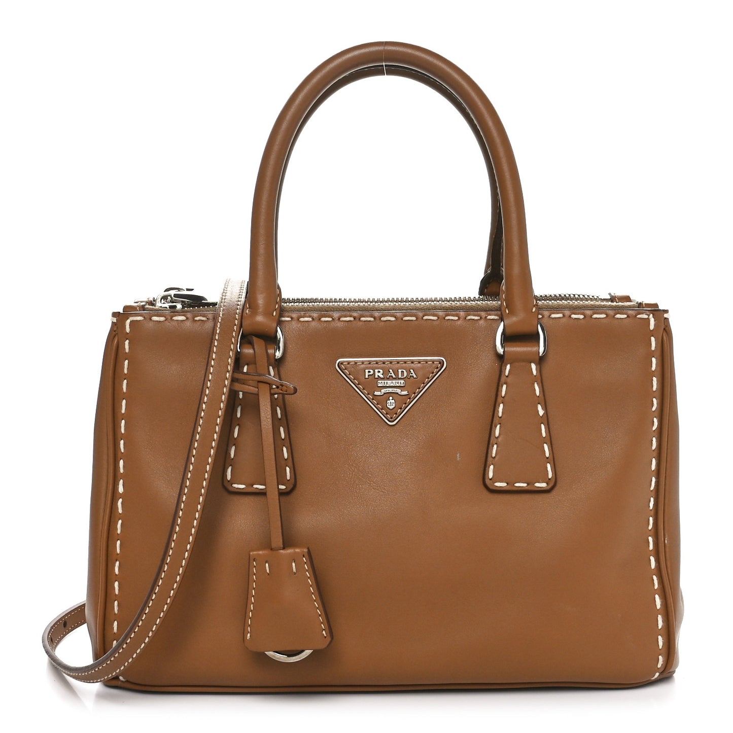 City Calf Mini Hand Stitched Galleria Double Zip Tote Caramel