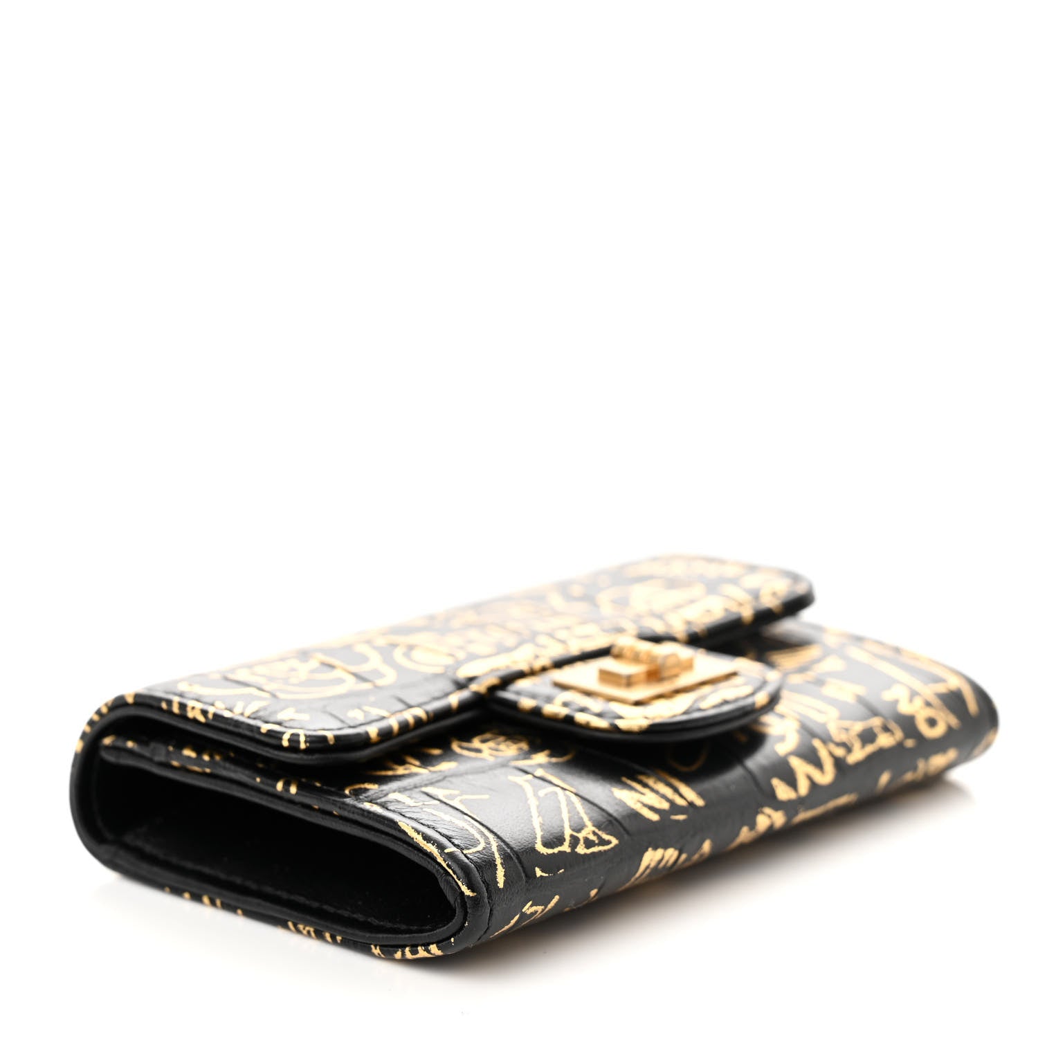 Chanel Calfskin Crocodile Embossed Graffiti 2.55 Cocodile Reissue Flap Card Holder Black Gold 4 of 9