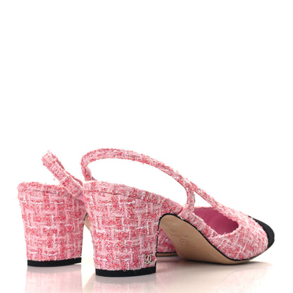Chanel Tweed Grosgrain Cap Toe CC Slingback Pumps 40 Pink Black 5 of 9