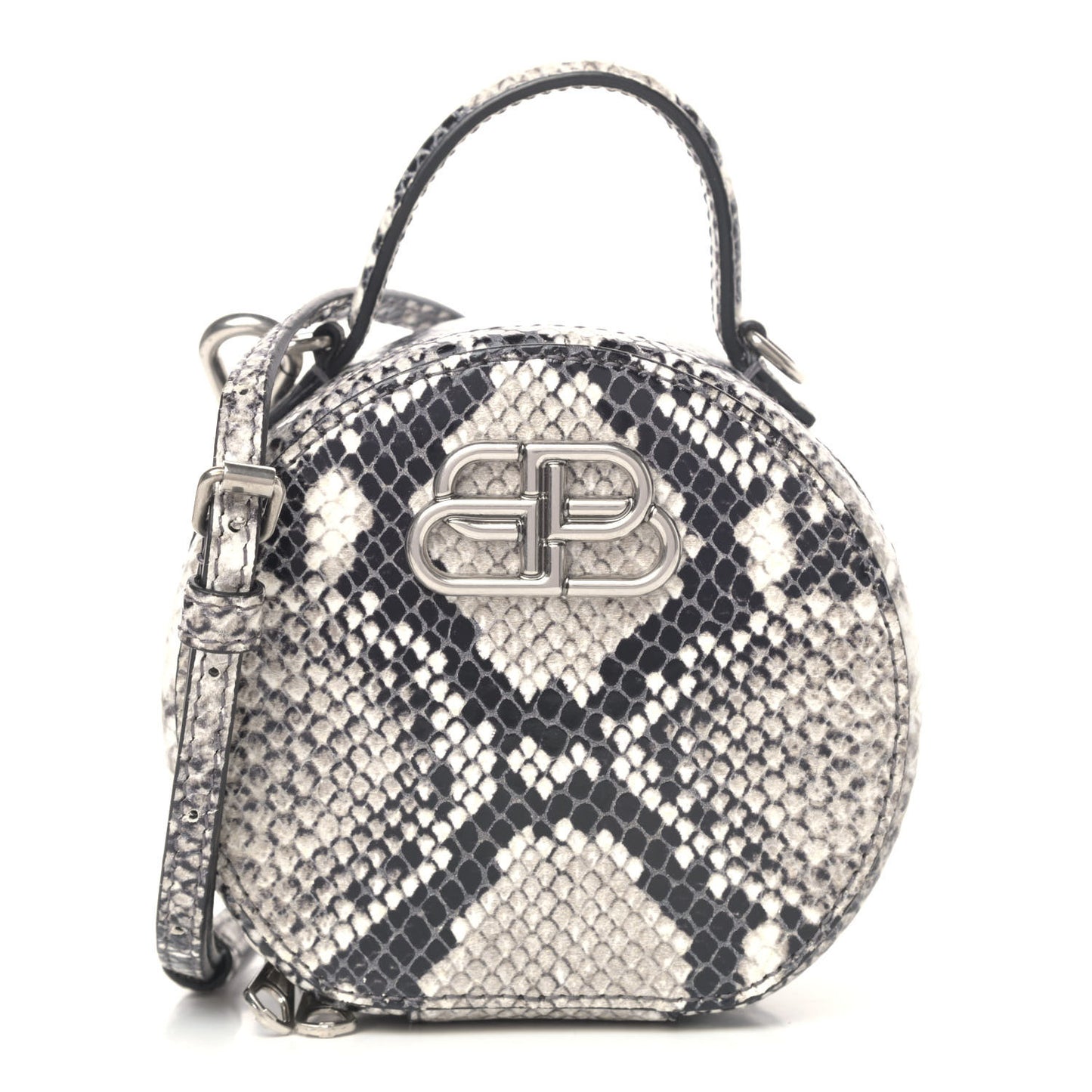 Grained Calfskin Python Effect Sharp Vanity Round Bag Mini Black White