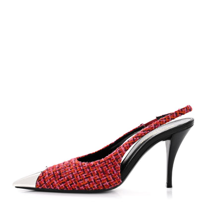 Saint Laurent Tweed Cap Toe Vesper Slingback Pumps 37 Pink 1 of 13