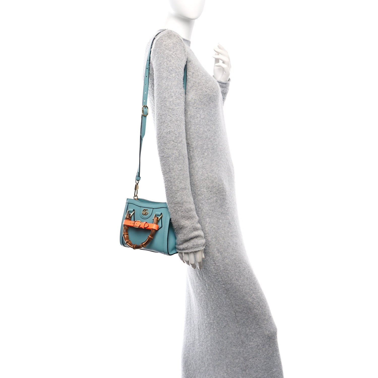 Gucci Textured Dollar Calfskin Web Mini Diana Tote Bag Dusty Azure Deep Orange 2 of 10