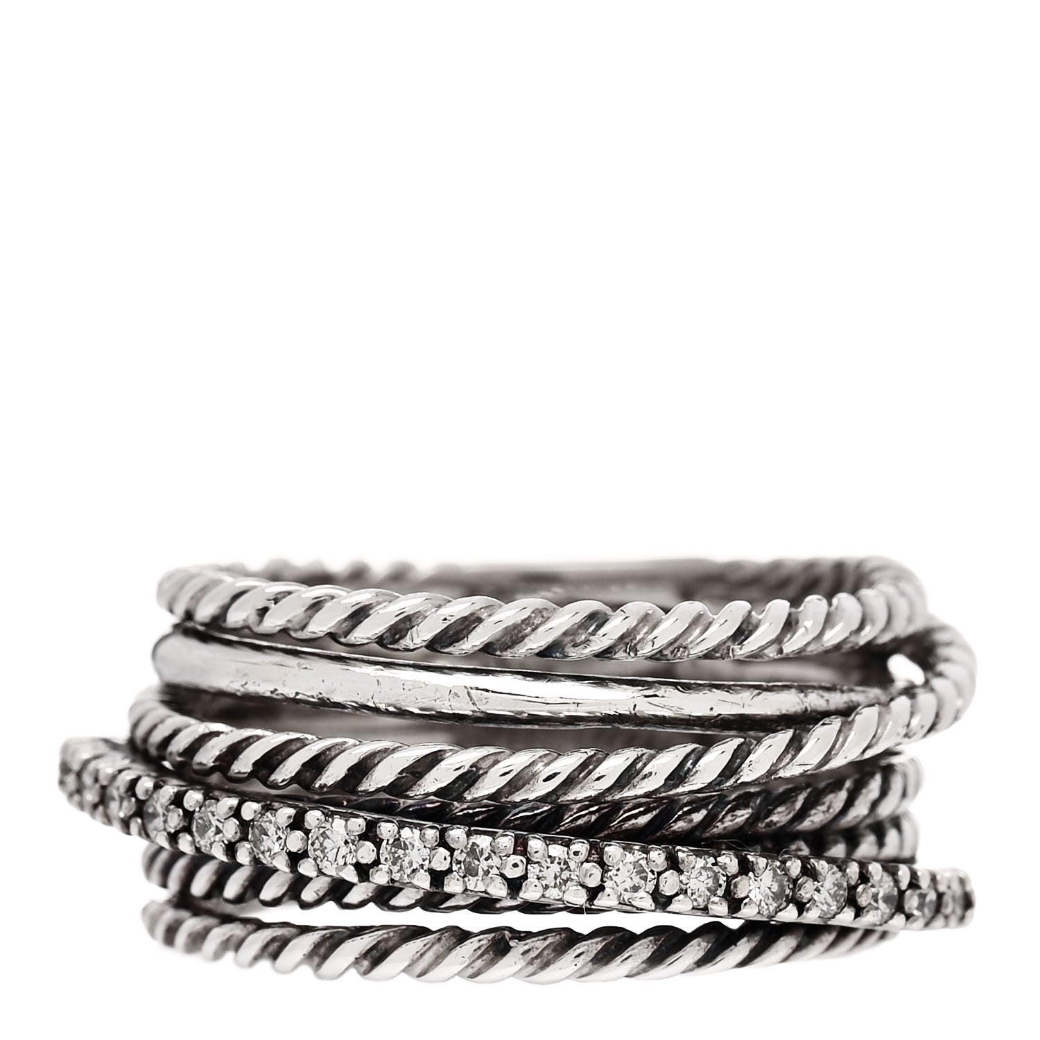 David Yurman Sterling Silver Diamond 11mm Wide Crossover Cable Ring 54 7 1 of 4