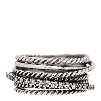 David Yurman Sterling Silver Diamond 11mm Wide Crossover Cable Ring 54 7 1 of 4