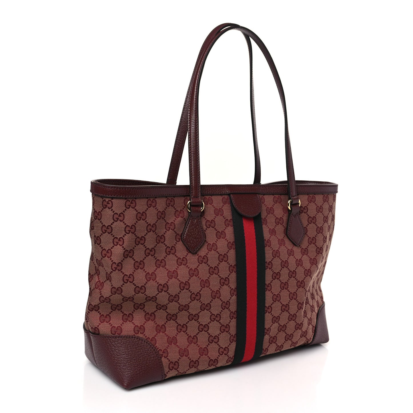 Monogram Textured Dollar Calfskin Web Medium Ophidia Shopping Tote Sahara Rubino Chardonnay