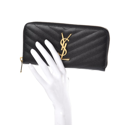 Saint Laurent Grain De Poudre Matelasse Chevron Monogram Zip Around Wallet Black 2 of 8