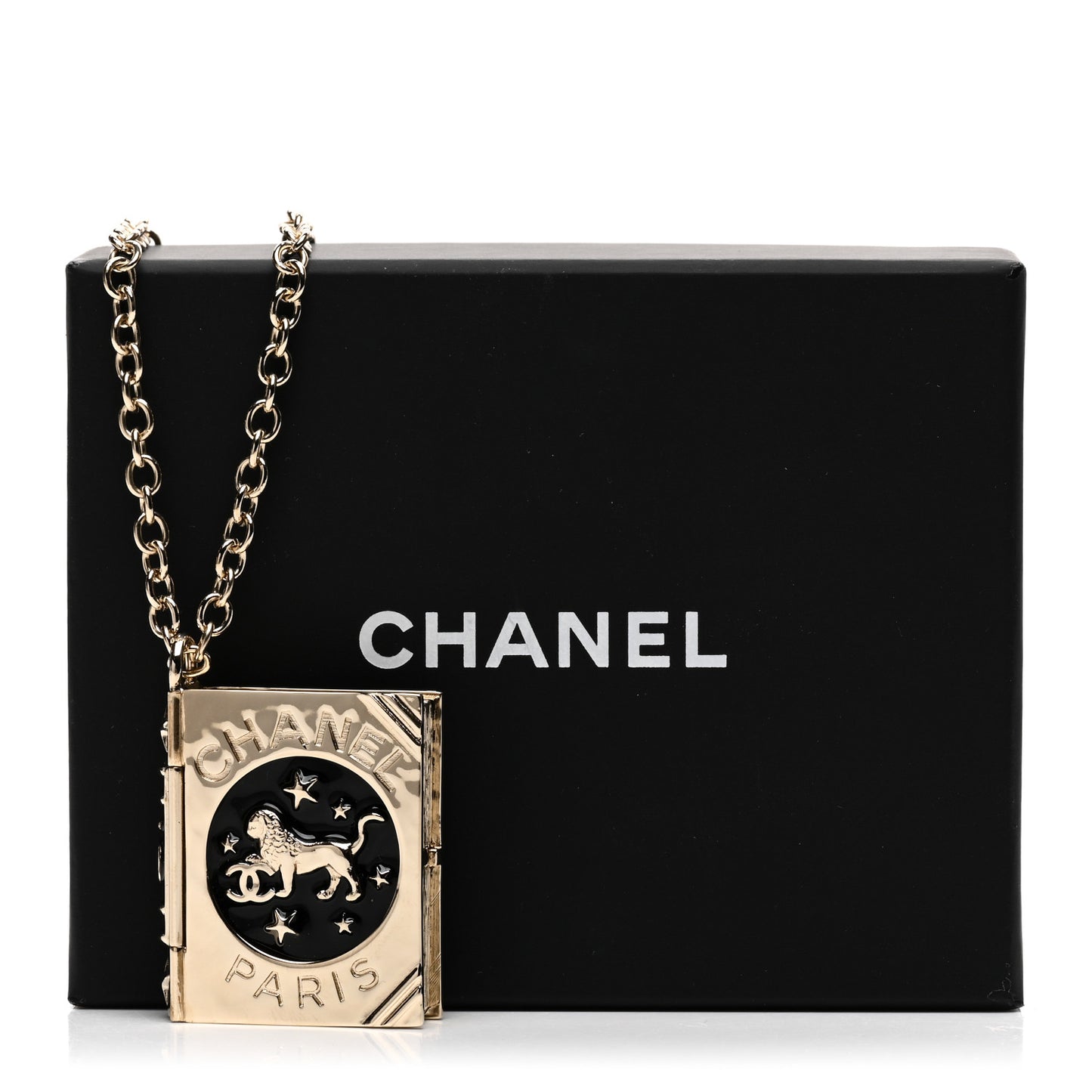 Metal CC Lion Book Locket Necklace Gold